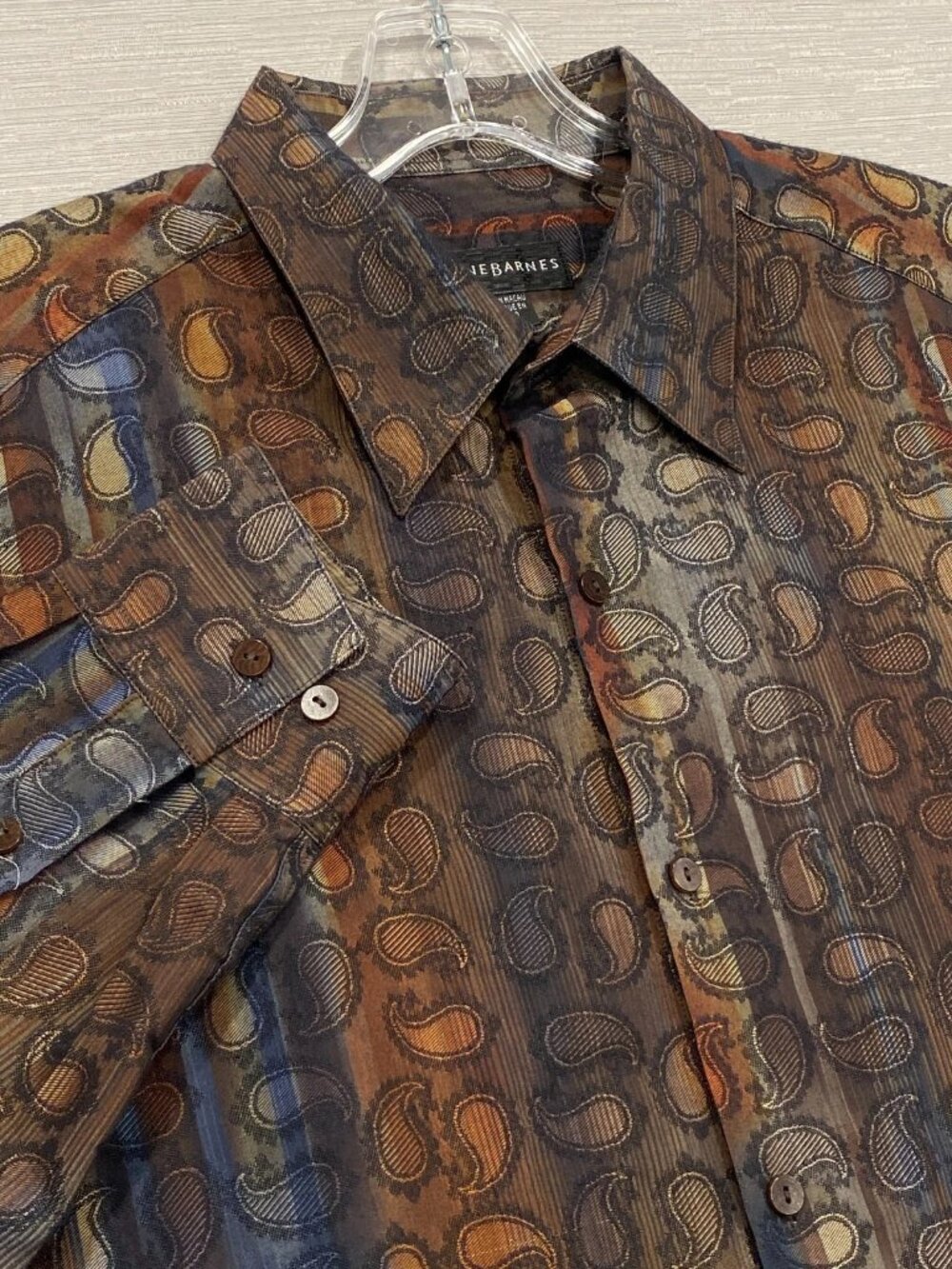 Jhane Barnes Shirt Mens Large Brown Blue Paisley Geometric Long Sleeve Elegant